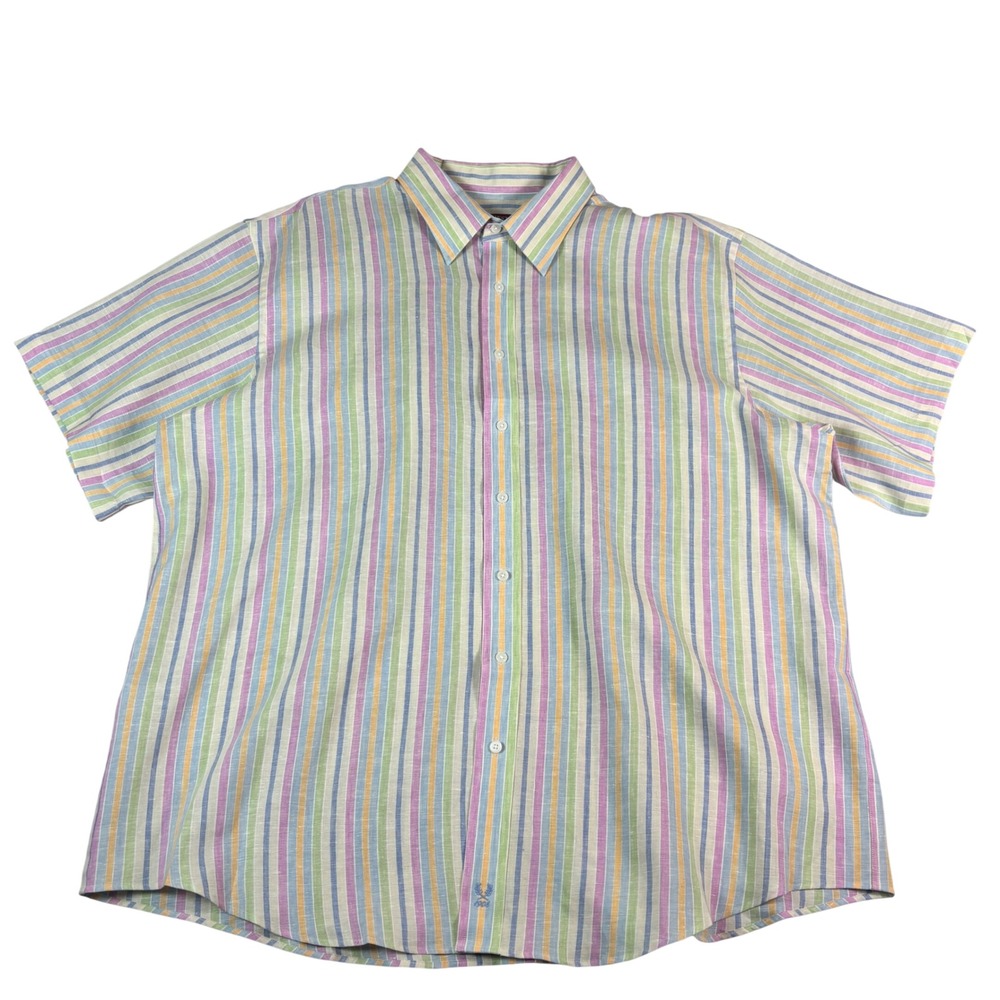 Rochester Mens 2X Short Sleeve Button Down Shirt Multi Color Striped Embroidered